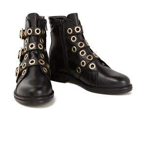 Maje Buckled Eyelet-Embellished Leather Ankle Boot